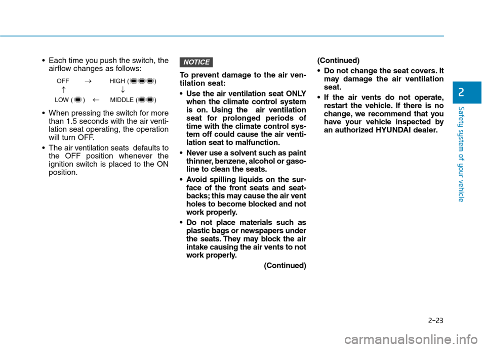 Hyundai Ioniq Hybrid 2017  Owners Manual 2-23
Safety system of your vehicle
2
 Each time you push the switch, theairflow changes as follows:
 When pressing the switch for more than 1.5 seconds with the air v enti-
lation seat  operating, the