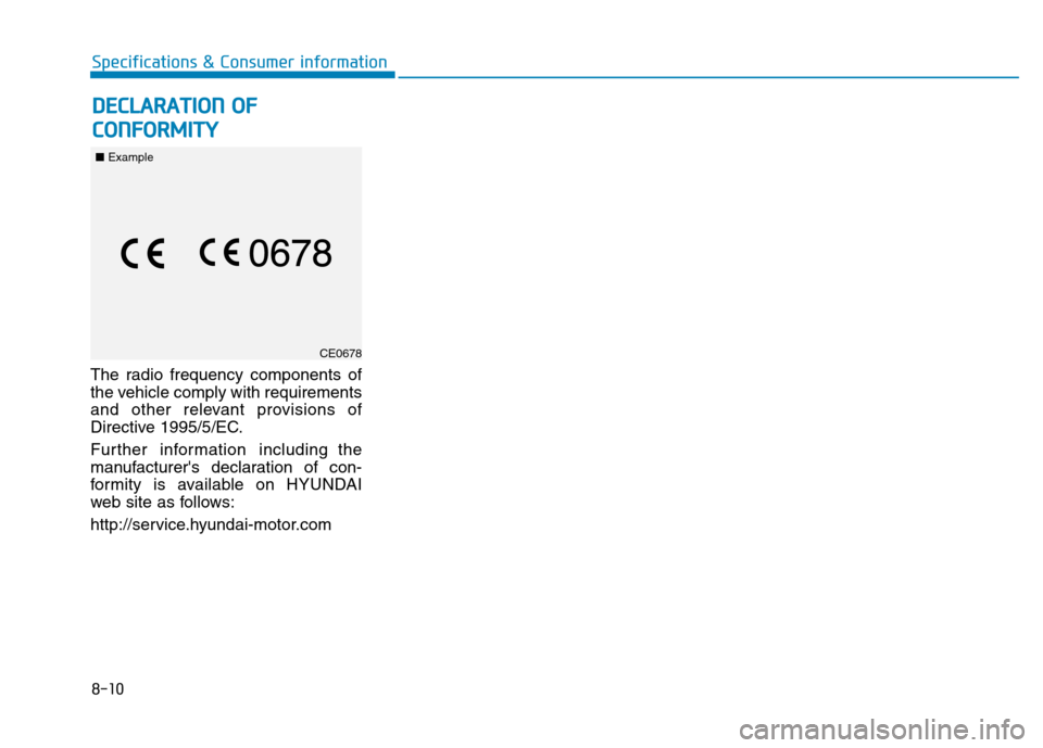 Hyundai Ioniq Hybrid 2017  Owners Manual 8-10
Specifications & Consumer information
The radio frequency components of 
the vehicle comply with requirements
and other relevant provisions of
Directive 1995/5/EC. 
Further information including 