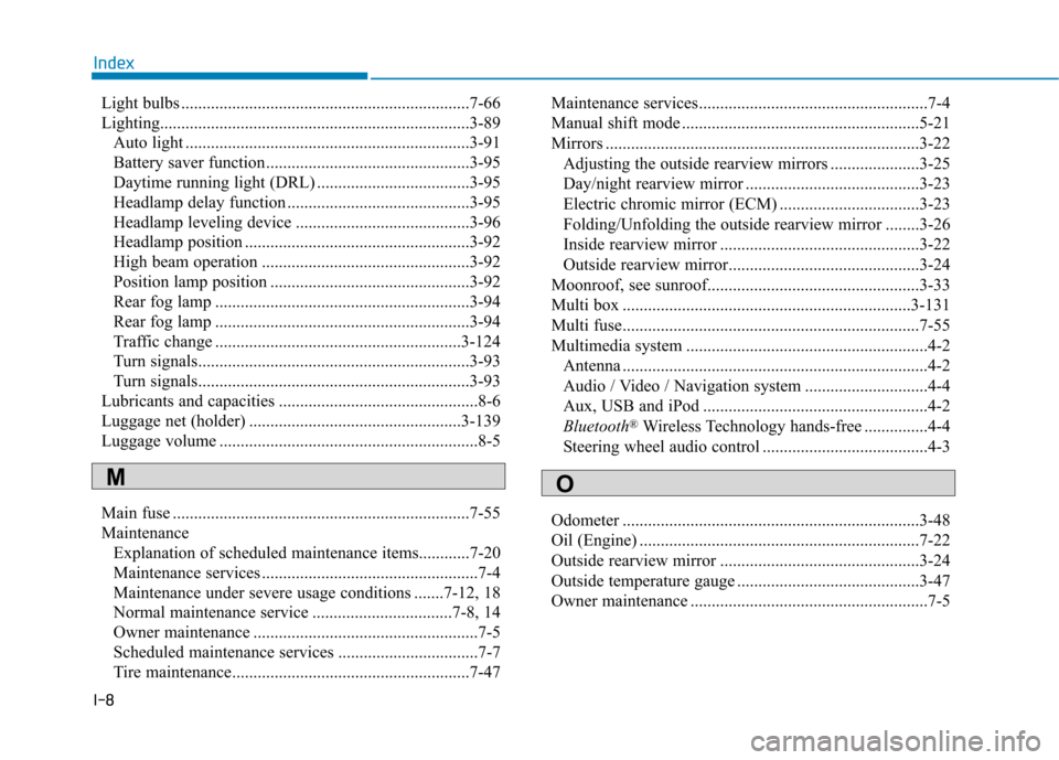 Hyundai Ioniq Hybrid 2017 Service Manual I-8Light bulbs ....................................................................7-66 
Lighting.........................................................................3-89
Auto light ..............