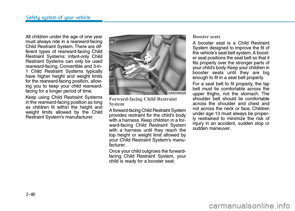 Hyundai Ioniq Hybrid 2017  Owners Manual 2-40
Safety system of your vehicle
All children under the age of one year 
must always ride in a rearward-facing
Child Restraint System. There are dif-
ferent types of rearward-facing Child
Restraint 