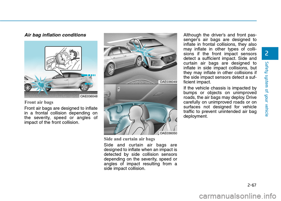 Hyundai Ioniq Hybrid 2017  Owners Manual 2-67
Safety system of your vehicle
2
Air bag inflation conditions 
Front air bags 
Front air bags are designed to inflate in a frontal collision depending on
the severity, speed or angles ofimpact of 