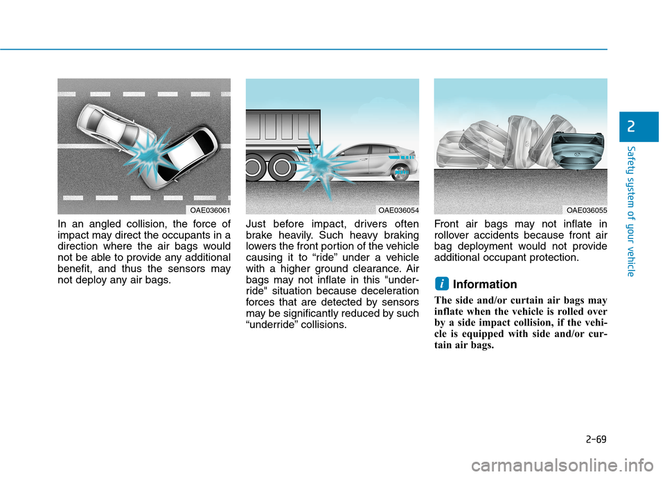 Hyundai Ioniq Hybrid 2017  Owners Manual 2-69
Safety system of your vehicle
2
In an angled collision, the force of 
impact may direct the occupants in a
direction where the air bags would
not be able to provide any additional
benefit, and th