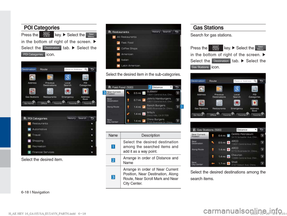 Hyundai Ioniq Hybrid 2017  Multimedia Manual 6-18 I Navigation
POI Categories
Press the MAPVOICE key. ▶ Select the NaviMenu  
in the bottom of right of the screen.  ▶
 
Select the 
Destination tab.  ▶
 Select the 
POI Categories icon.
Sele