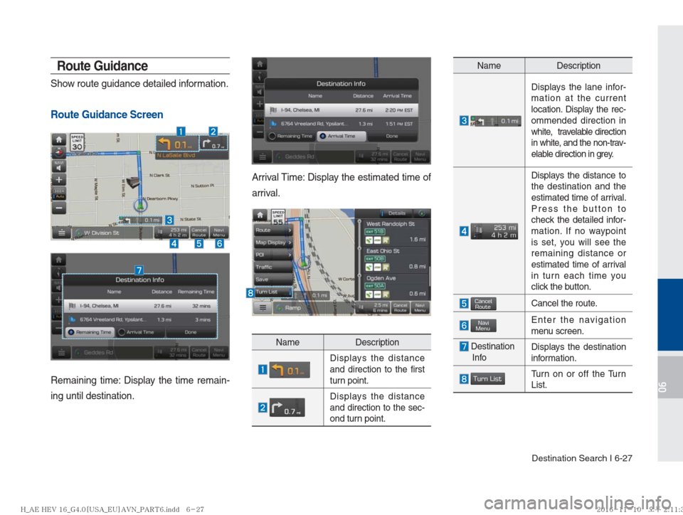 Hyundai Ioniq Hybrid 2017  Multimedia Manual Destination Search I 6-27
06
Route Guidance
Show route guidance detailed information. 
Route Guidance Screen
Remaining time: Display the time remain-
ing until destination.
Arrival Time: Display the e