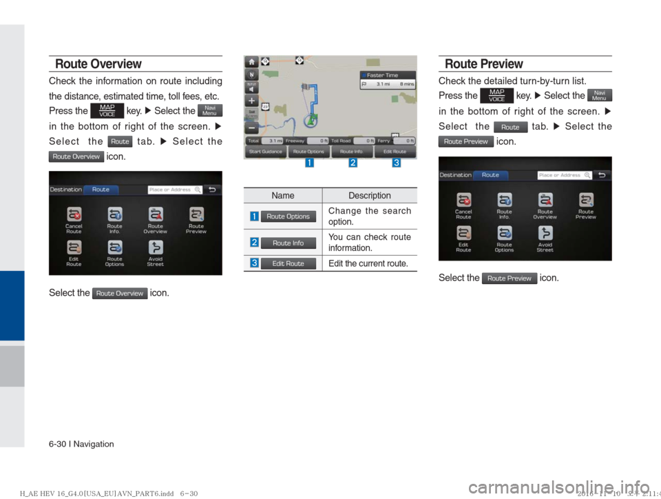 Hyundai Ioniq Hybrid 2017  Multimedia Manual 6-30 I Navigation
Route Overview
Check the information on route including 
the distance, estimated time, toll fees, etc. 
Press the 
MAPVOICE key. ▶ Select the NaviMenu 
in the bottom of right of th