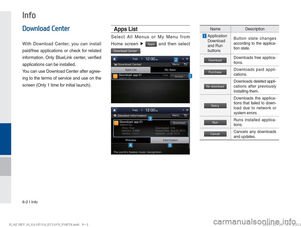 Hyundai Ioniq Hybrid 2017  Multimedia Manual 8-2 I Info
Download Center
With Download Center, you can install 
paid/free applications or check for related 
information. Only BlueLink center, verified 
applications can be installed.
You can use D