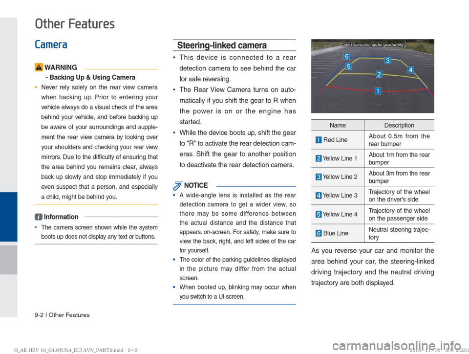 Hyundai Ioniq Hybrid 2017  Multimedia Manual 9-2 I Other Features
Camera
 WARNING
- Backing Up & Using Camera
• Never rely solely on the rear view camera 
when backing up. Prior to entering your 
vehicle always do a visual check of the area 
b