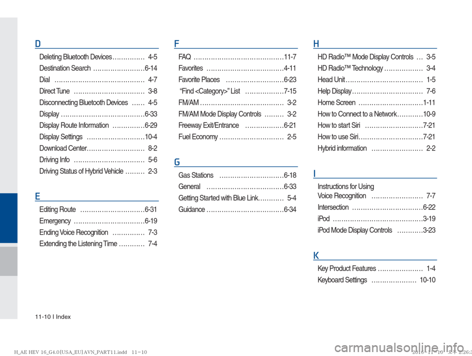 Hyundai Ioniq Hybrid 2017  Multimedia Manual 11-10 I Index
D
Deleting Bluetooth Devices …………… 4-5
Destination Search  ……………………6-14
Dial …………………………………… 4-7
Direct Tune  …………………�