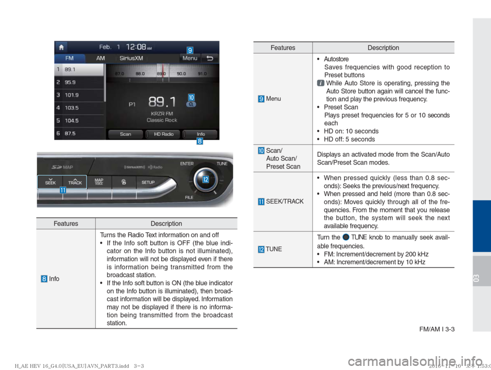 Hyundai Ioniq Hybrid 2017  Multimedia Manual FM/AM I 3-3
03
Features Description
 InfoTurns the Radio Text information on and off
   If the Info soft button is OFF (the blue indi-
cator on the Info button is not illuminated), 
information will n