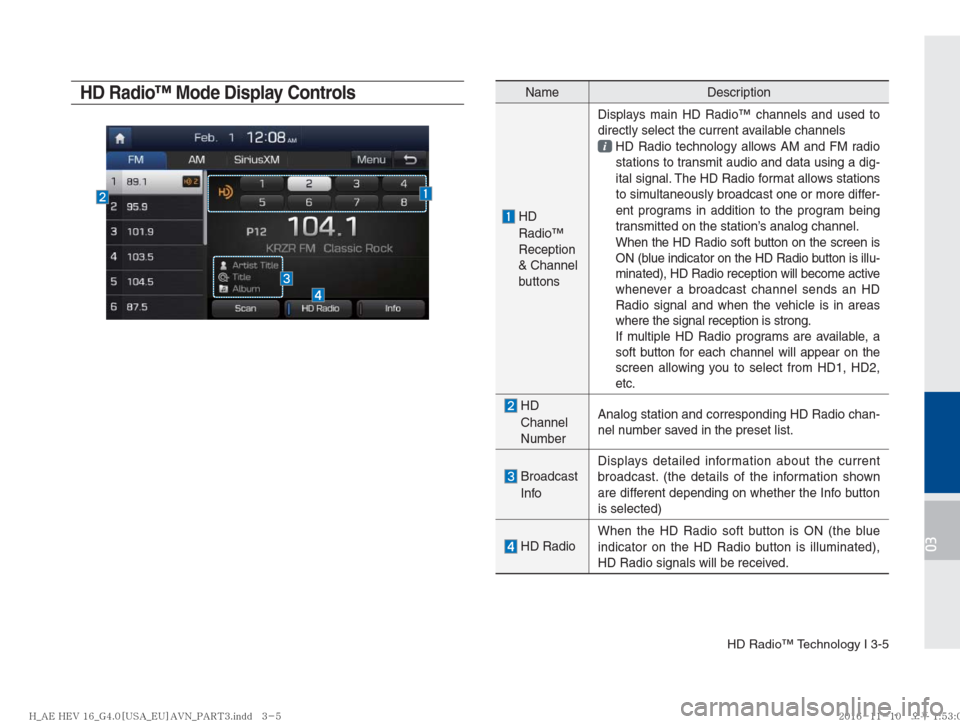 Hyundai Ioniq Hybrid 2017  Multimedia Manual HD Radio™ Technology I 3-5
03
HD Radio™ Mode Display ControlsName Description
   
HD 
Radio™ 
Reception 
& Channel 
buttonsDisplays main HD Radio™ channels and used to 
directly select the cur