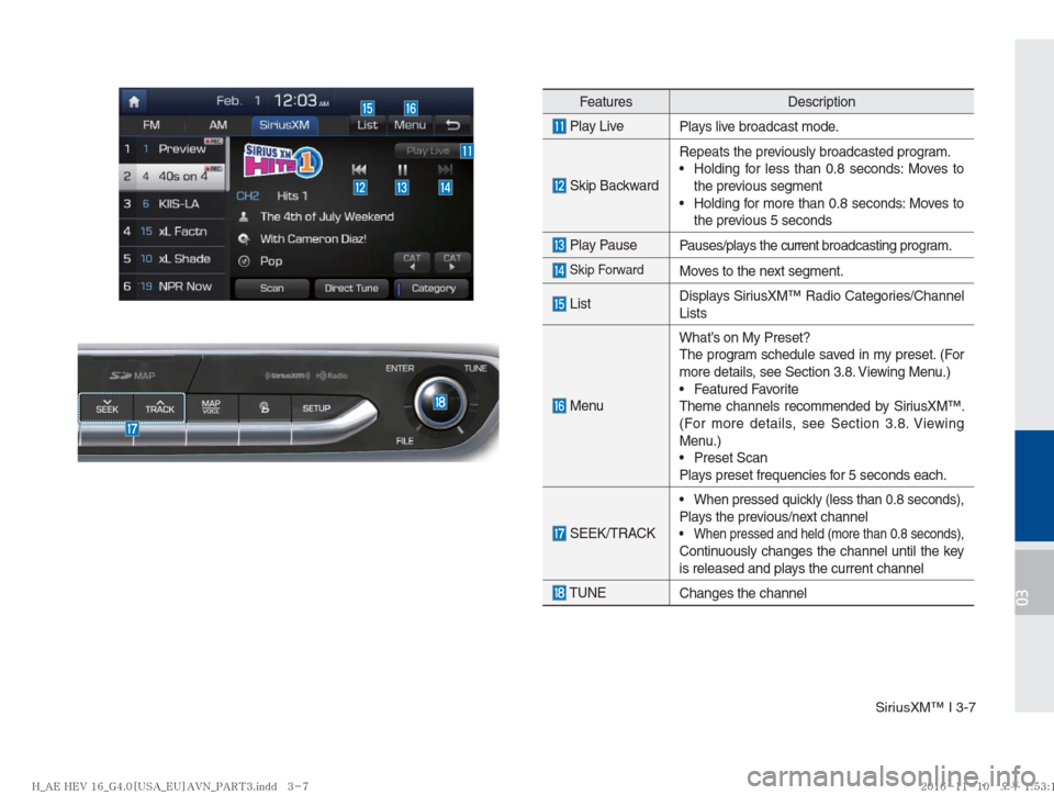 Hyundai Ioniq Hybrid 2017  Multimedia Manual SiriusXM™ I 3-7
03
Features Description
 Play Live
Plays live broadcast mode.
 Skip BackwardRepeats the previously broadcasted program.
   Holding for less than 0.8 seconds: Moves to 
the previous s