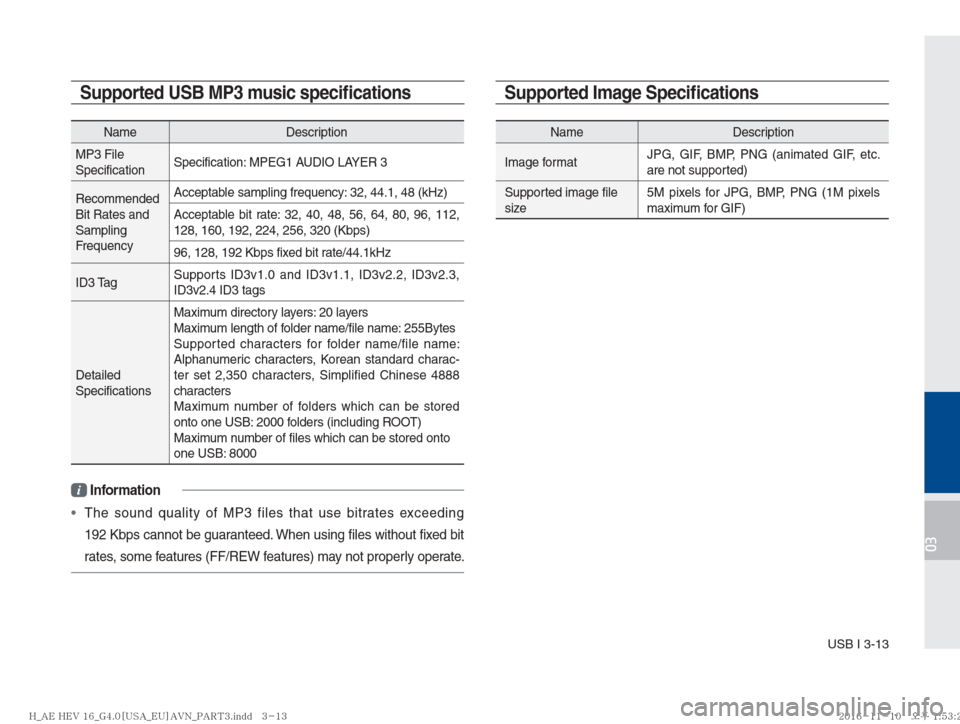 Hyundai Ioniq Hybrid 2017  Multimedia Manual USB I 3-13
03
Name Description
Image formatJPG, GIF, BMP, PNG (animated GIF, etc. 
are not supported)
Supported image file 
size5M pixels for JPG, BMP, PNG (1M pixels 
maximum for GIF)
Supported USB M