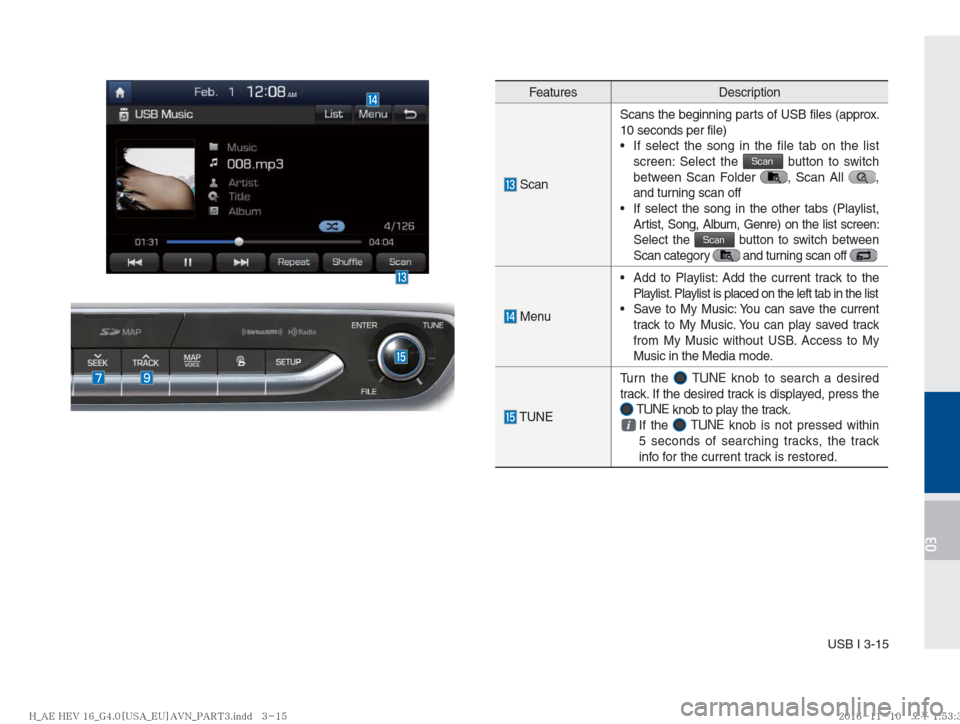 Hyundai Ioniq Hybrid 2017  Multimedia Manual USB I 3-15
03
Features Description
 ScanScans the beginning parts of USB files (approx. 
10 seconds per file)
   If select the song in the file tab on the list 
screen: Select the 
Scan button to swit