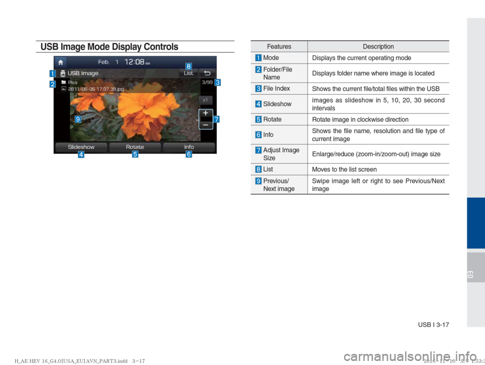 Hyundai Ioniq Hybrid 2017  Multimedia Manual USB I 3-17
03
USB Image Mode Display ControlsFeatures Description
 Mode
Displays the current operating mode
   
Folder/File 
Name Displays folder name where image is located
 File Index 
Shows the cur