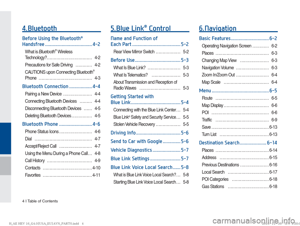 Hyundai Ioniq Hybrid 2017  Multimedia Manual 4 I Table of Contents
4. Bluetooth
Before Using the Bluetooth® 
Handsfree ..................................... 4-2
What is Bluetooth® Wireless 
Technology? …………………………… 4-2
Pre