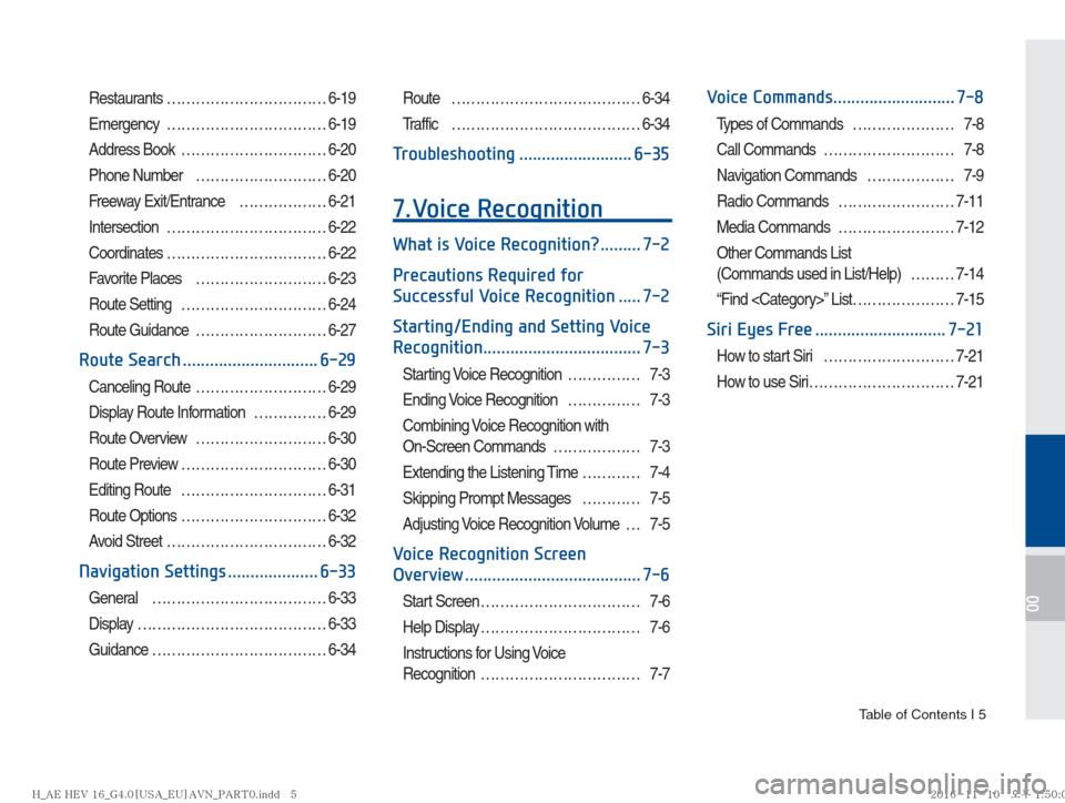 Hyundai Ioniq Hybrid 2017  Multimedia Manual  Table of Contents I 5
00
Restaurants …………………………… 6-19
Emergency …………………………… 6-19
Address Book  ………………………… 6-20
Phone Number  ………�