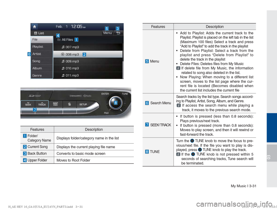 Hyundai Ioniq Hybrid 2017  Multimedia Manual My Music I 3-31
03
Features Description
   Folder/
Category Name Displays folder/category name in the list
 Current Song
Displays the current playing file name
 Back Button
Converts to basic mode scre