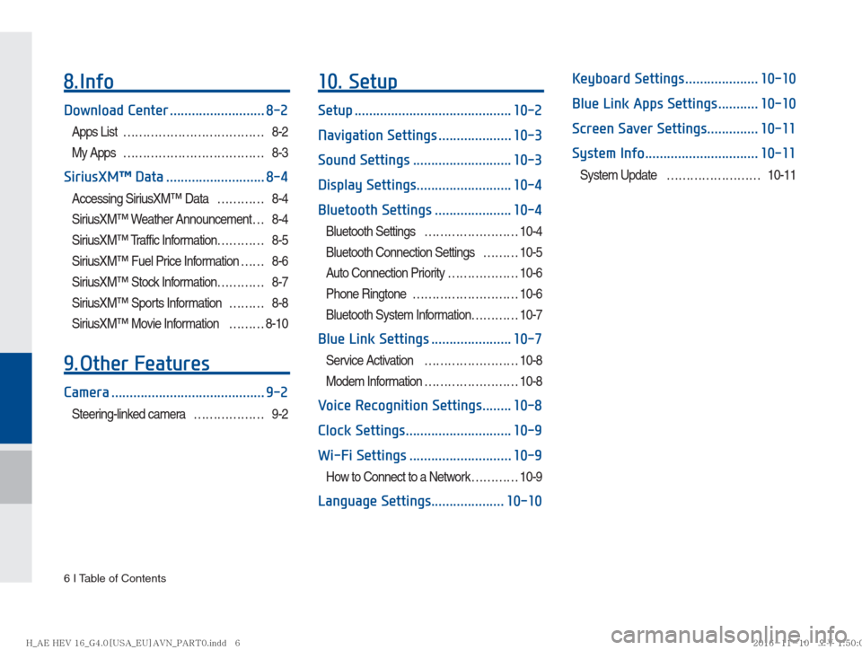 Hyundai Ioniq Hybrid 2017  Multimedia Manual 6 I Table of Contents
8. Info
Download Center .......................... 8-2
Apps List  ……………………………… 8-2
My Apps  ……………………………… 8-3
SiriusXM™ Data ....