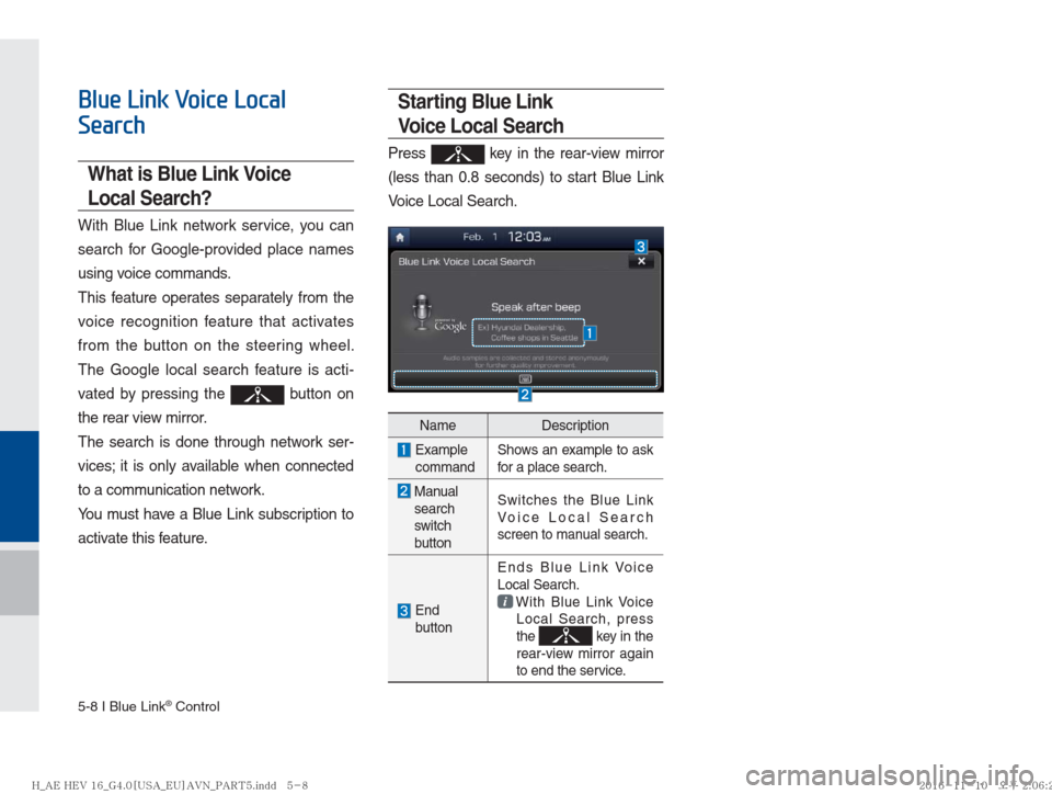 Hyundai Ioniq Hybrid 2017  Multimedia Manual 5-8 I Blue Link® Control
Blue Link Voice Local 
Search
What is Blue Link Voice 
Local Search?
With Blue Link network service, you can 
search for Google-provided place names 
using voice commands.
Th