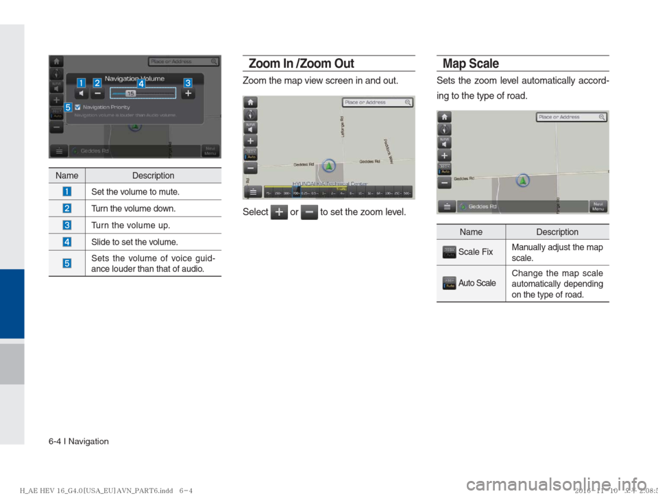 Hyundai Ioniq Hybrid 2017  Multimedia Manual 6-4 I Navigation
NameDescription
 
Set the volume to mute.
 Turn the volume down.
 Turn the volume up.
 Slide to set the volume.
 Sets the volume of voice guid-
ance louder than that of audio.
Zoom In
