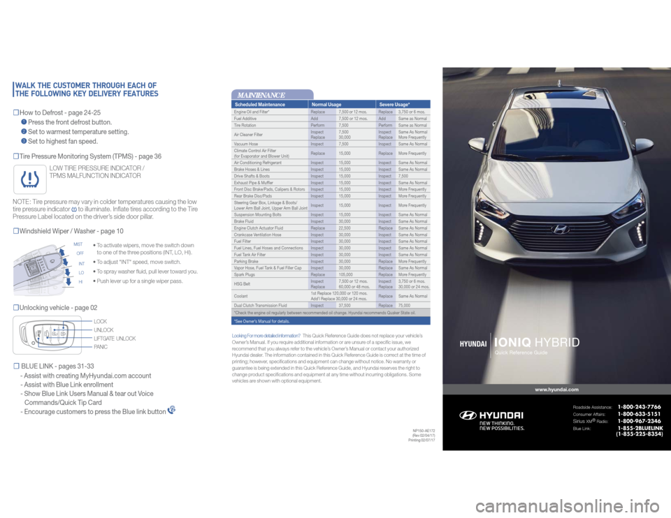 Hyundai Ioniq Hybrid 2017  Quick Reference Guide Scheduled Maintenance Normal Usage Severe Usage*Engine Oil and Filter*  Replace 7,500 or 12 mos. Replace 3,750 or 6 mos.
Fuel Additive Add 7,500 or 12 mos. Add Same as Normal
Tire Rotation Perform 7,5