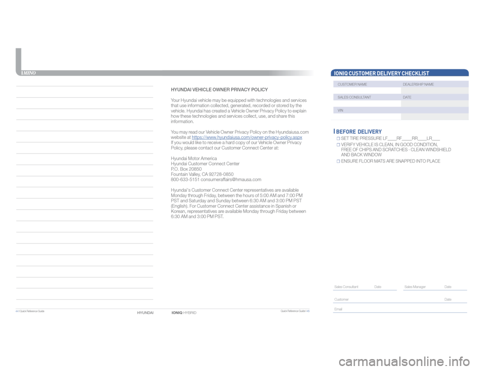Hyundai Ioniq Hybrid 2017  Quick Reference Guide MENO
IONIQ CUSTOMER DELIVERY CHECKLIST CUSTOMER NAME  DEALERSHIP NAME SALES CONSULTANT  DATE VIN ☐  
 
SET TIRE PRESSURE LF
         
RF          
RR         
LR        
☐   
VERIFY VEHICLE IS CLE
