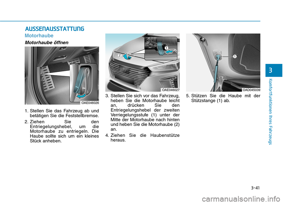 Hyundai Ioniq Hybrid 2017 Betriebsanleitung (in German) 3-41
Komfortfunktionen Ihres Fahrzeugs
3
Motorhaube
Motorhaube öffnen
1. Stellen Sie das Fahrzeug ab undbetätigen Sie die Feststellbremse.
2. Ziehen Sie den Entriegelungshebel, um die
Motorhaube zu Hyundai Ioniq Hybrid 2017 Betriebsanleitung (in German) 3-41
Komfortfunktionen Ihres Fahrzeugs
3
Motorhaube
Motorhaube öffnen
1. Stellen Sie das Fahrzeug ab undbetätigen Sie die Feststellbremse.
2. Ziehen Sie den Entriegelungshebel, um die
Motorhaube zu