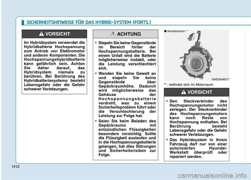 Hyundai Ioniq Hybrid 2017  Betriebsanleitung (in German) H12
*3
: befindet sich im Motorraum
OAEQ046017
■  Antriebsmotor * 3
Den Steckverbinder des 
Hochspannungsmotor nicht
zerlegen. Der Steckverbinder
des Hochspannungsmotors
kann noch Reste von
Hochspan