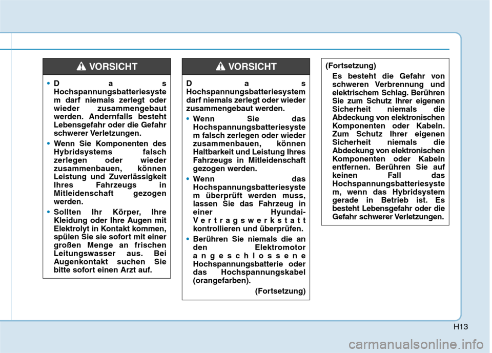 Hyundai Ioniq Hybrid 2017  Betriebsanleitung (in German) H13
Das 
Hochspannungsbatteriesystem
darf niemals zerlegt oder wieder
zusammengebaut werden.
Wenn Sie das 
Hochspannungsbatteriesyste
m falsch zerlegen oder wieder
zusammenbauen, könnenHaltbarkeit un