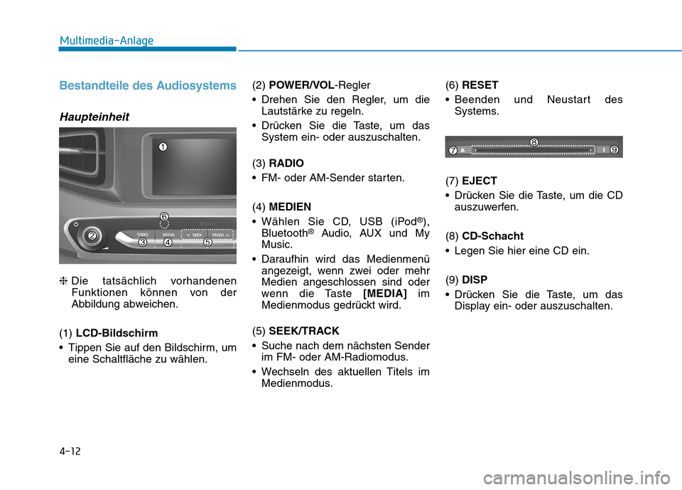Hyundai Ioniq Hybrid 2017 Betriebsanleitung (in German) 4-12
Multimedia-Anlage
Bestandteile des Audiosystems
Haupteinheit
❈Die tatsächlich vorhandenen
Funktionen können von der
Abbildung abweichen.
(1) LCD-Bildschirm
Tippen Sie auf den Bildschirm, Hyundai Ioniq Hybrid 2017 Betriebsanleitung (in German) 4-12
Multimedia-Anlage
Bestandteile des Audiosystems
Haupteinheit
❈Die tatsächlich vorhandenen
Funktionen können von der
Abbildung abweichen.
(1) LCD-Bildschirm
Tippen Sie auf den Bildschirm,