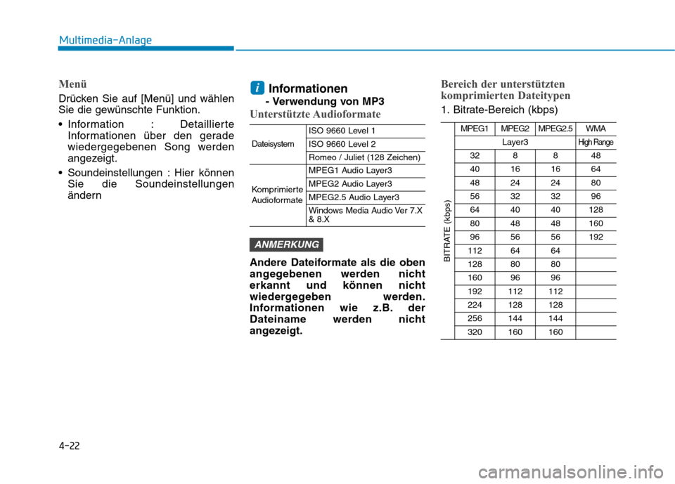 Hyundai Ioniq Hybrid 2017  Betriebsanleitung (in German) 4-22
Multimedia-Anlage 
Menü
Drücken Sie auf [Menü] und wählen 
Sie die gewünschte Funktion. 
 Information : DetaillierteInformationen über den gerade 
wiedergegebenen Song werden
angezeigt.
 So