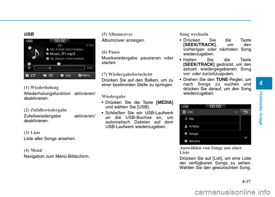 Hyundai Ioniq Hybrid 2017 Betriebsanleitung (in German) 4-27
Multimedia-Anlage
4
USB
(1) Wiederholung
Wiederholungsfunktion aktivieren/ deaktivieren.
(2) Zufallswiedergabe
Zufallswiedergabe aktivieren/ deaktivieren.
(3) Liste
Liste aller Songs ansehen.
(4 Hyundai Ioniq Hybrid 2017 Betriebsanleitung (in German) 4-27
Multimedia-Anlage
4
USB
(1) Wiederholung
Wiederholungsfunktion aktivieren/ deaktivieren.
(2) Zufallswiedergabe
Zufallswiedergabe aktivieren/ deaktivieren.
(3) Liste
Liste aller Songs ansehen.
(4