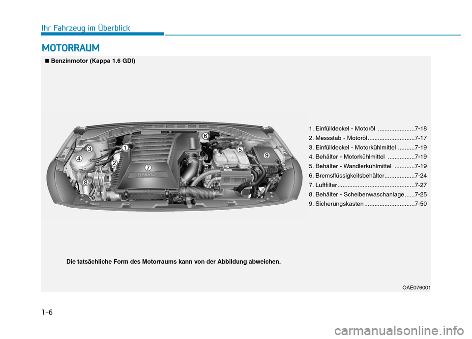 Hyundai Ioniq Hybrid 2017  Betriebsanleitung (in German) 1-6
Ihr Fahrzeug im ÜberblickM
M OOTTOO RRRRAA UU MM
OAE076001
■■
Benzinmotor (Kappa 1.6 GDI)
1. Einfülldeckel - Motoröl ......................7-18 
2. Messstab - Motoröl .....................