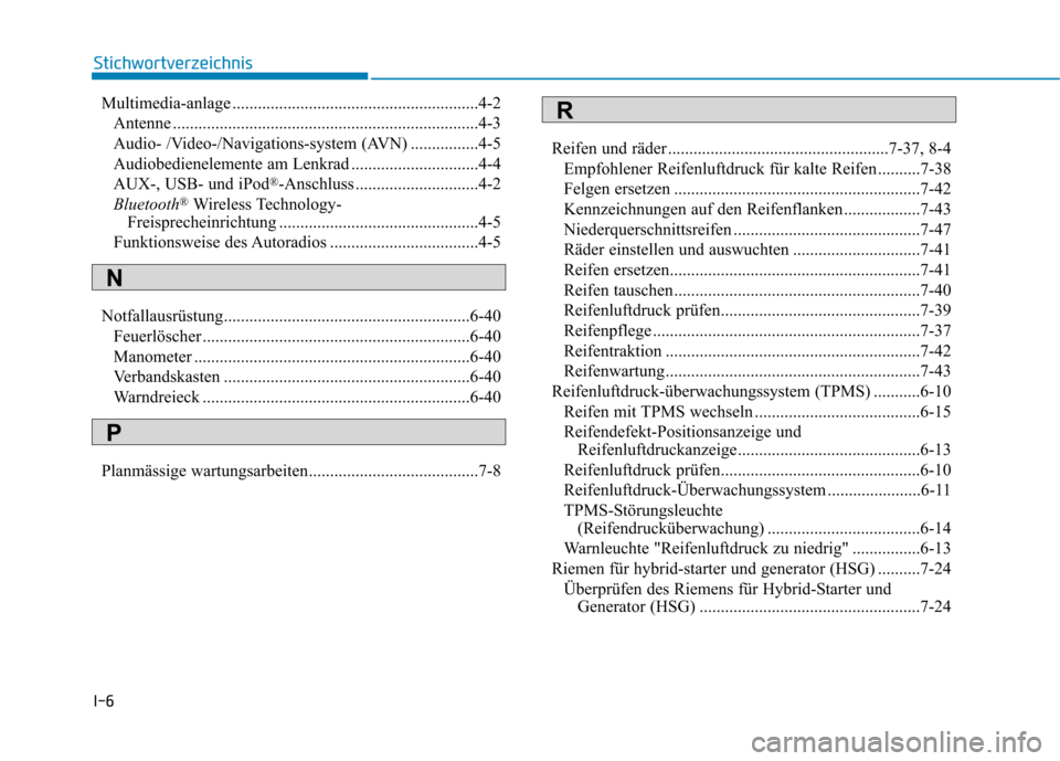 Hyundai Ioniq Hybrid 2017  Betriebsanleitung (in German) I-6Multimedia-anlage ..........................................................4-2
Antenne ........................................................................4-3 
Audio- /Video-/Navigations-syste