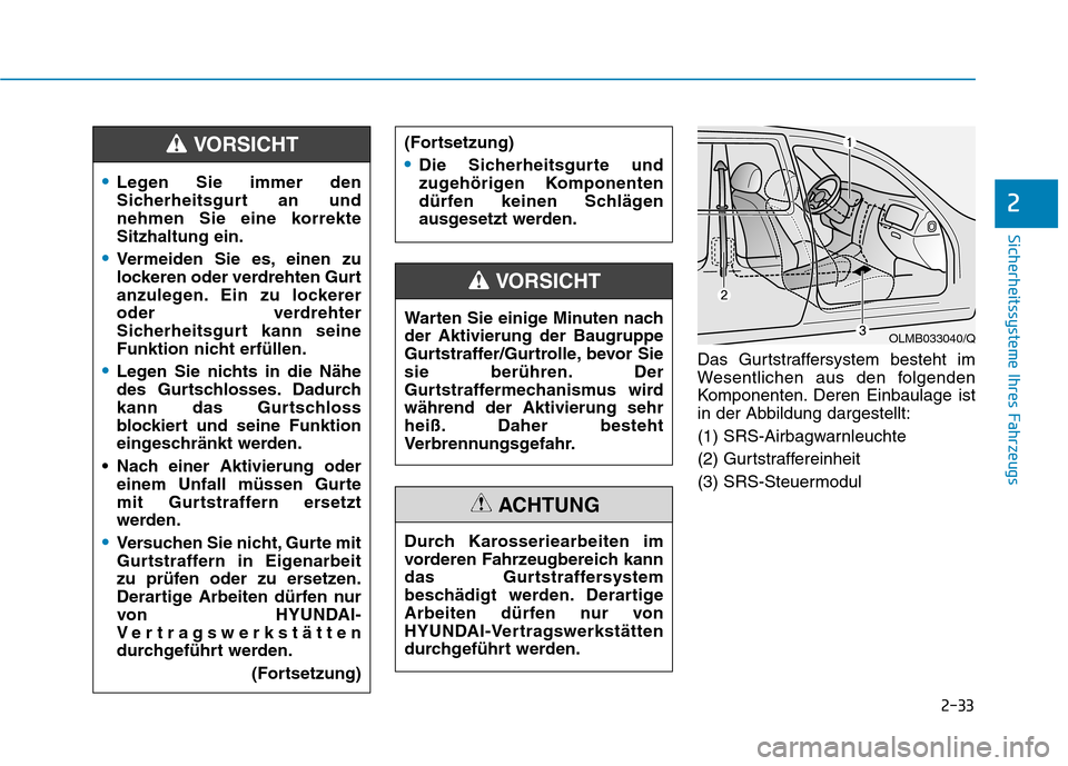 Hyundai Ioniq Hybrid 2017  Betriebsanleitung (in German) 2-33
Sicherheitssysteme Ihres Fahrzeugs
2
Das Gurtstraffersystem besteht im 
Wesentlichen aus den folgenden
Komponenten. Deren Einbaulage ist
in der Abbildung dargestellt: 
(1) SRS-Airbagwarnleuchte
(