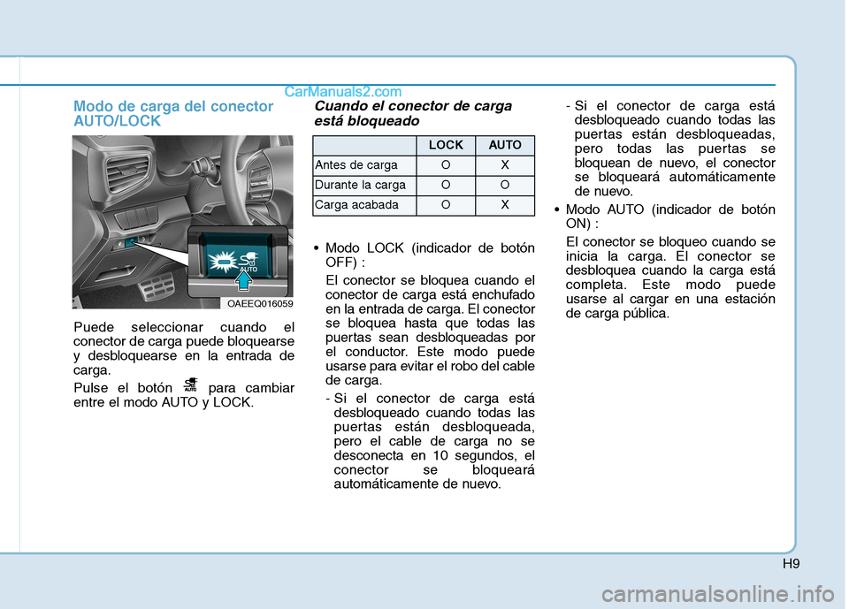 Hyundai Ioniq Hybrid 2017  Manual del propietario (in Spanish) H9
Modo de carga del conector 
AUTO/LOCK
Puede seleccionar cuando el 
conector de carga puede bloquearse
y desbloquearse en la entrada decarga. 
Pulse el botón  para cambiar 
entre el modo AUTO y LOC