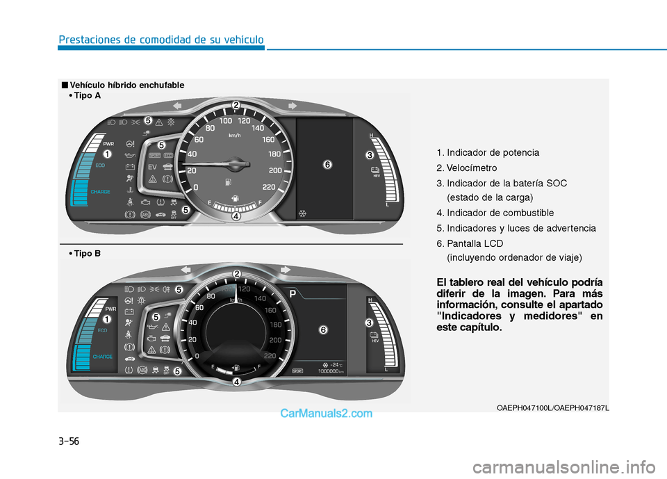 Hyundai Ioniq Hybrid 2017  Manual del propietario (in Spanish) 3-56
Prestaciones de comodidad de su vehículo 
1. Indicador de potencia 
2. Velocímetro
3. Indicador de la batería SOC (estado de la carga)
4. Indicador de combustible
5. Indicadores y luces de adv