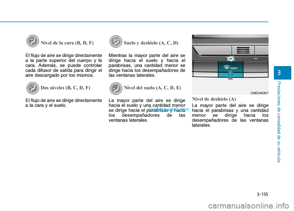 Hyundai Ioniq Hybrid 2017  Manual del propietario (in Spanish) 3-155
Prestaciones de comodidad de su vehículo 
3
Nivel de la cara (B, D, F) 
El flujo de aire se dirige directamente 
a la parte superior del cuerpo y la
cara. Además, se puede controlar
cada difus Hyundai Ioniq Hybrid 2017  Manual del propietario (in Spanish) 3-155
Prestaciones de comodidad de su vehículo 
3
Nivel de la cara (B, D, F) 
El flujo de aire se dirige directamente 
a la parte superior del cuerpo y la
cara. Además, se puede controlar
cada difus