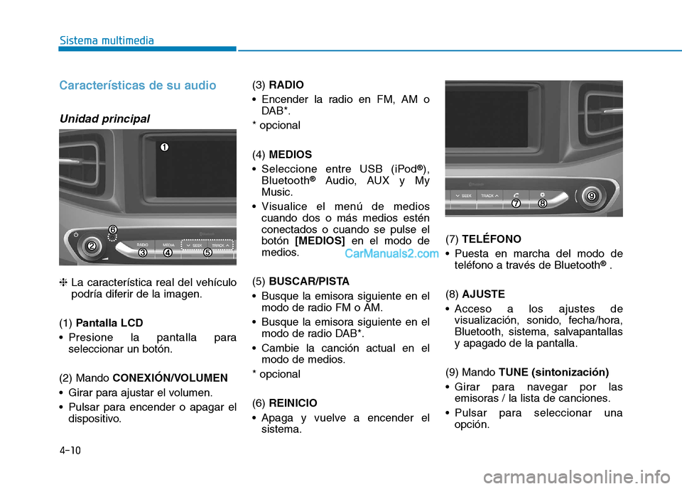 Hyundai Ioniq Hybrid 2017  Manual del propietario (in Spanish) 4-10
Sistema multimedia
Características de su audio
Unidad principal
❈La característica real del vehículo
podría diferir de la imagen.
(1)  Pantalla LCD
 Presione la pantalla para seleccionar un