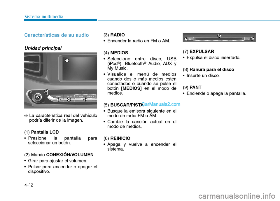 Hyundai Ioniq Hybrid 2017  Manual del propietario (in Spanish) 4-12
Sistema multimedia
Características de su audio
Unidad principal
❈La característica real del vehículo
podría diferir de la imagen.
(1)  Pantalla LCD
 Presione la pantalla para seleccionar un