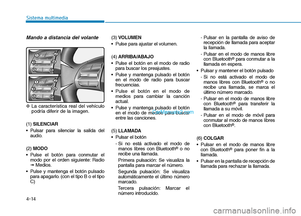 Hyundai Ioniq Hybrid 2017  Manual del propietario (in Spanish) 4-14
Sistema multimedia
Mando a distancia del volante
❈La característica real del vehículo
podría diferir de la imagen.
(1)  SILENCIAR
 Pulsar para silenciar la salida del audio.
(2)  MODO
 Pulse