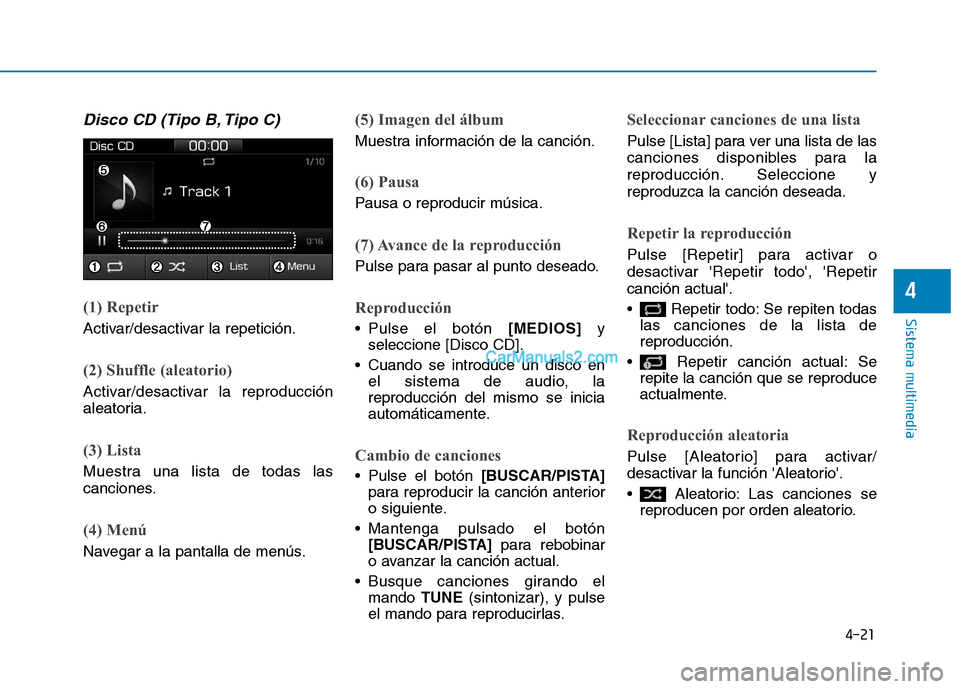 Hyundai Ioniq Hybrid 2017  Manual del propietario (in Spanish) 4-21
Sistema multimedia
4
Disco CD (Tipo B, Tipo C)
(1) Repetir
Activar/desactivar la repetición.
(2) Shuffle (aleatorio)
Activar/desactivar la reproducción 
aleatoria.
(3) Lista
Muestra una lista d