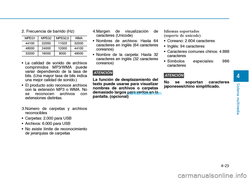 Hyundai Ioniq Hybrid 2017  Manual del propietario (in Spanish) 4-23
Sistema multimedia
4
2. Frecuencia de barrido (Hz) 
 La calidad de sonido de archivoscomprimidos MP3/WMA puede 
variar dependiendo de la tasa de
bits. (Una mayor tasa de bits indica
una mejor cal