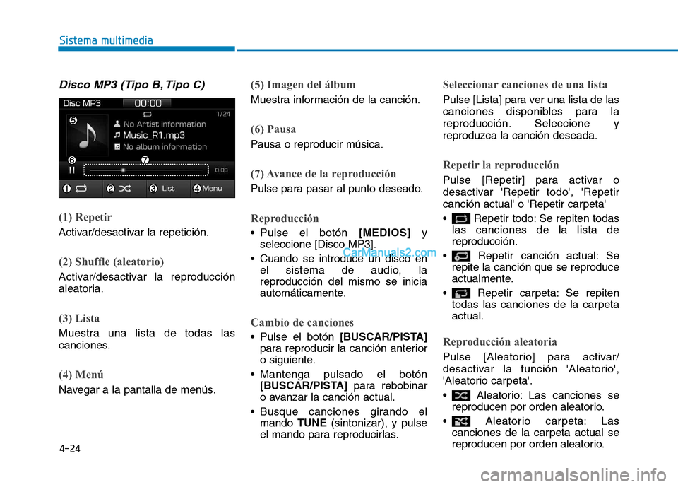 Hyundai Ioniq Hybrid 2017  Manual del propietario (in Spanish) 4-24
Sistema multimedia
Disco MP3 (Tipo B, Tipo C)
(1) Repetir
Activar/desactivar la repetición.
(2) Shuffle (aleatorio)
Activar/desactivar la reproducción 
aleatoria.
(3) Lista
Muestra una lista de