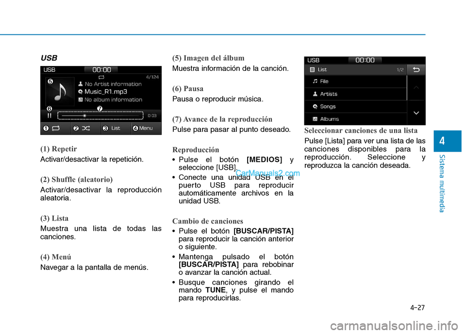 Hyundai Ioniq Hybrid 2017  Manual del propietario (in Spanish) 4-27
Sistema multimedia
4
USB
(1) Repetir
Activar/desactivar la repetición.
(2) Shuffle (aleatorio)
Activar/desactivar la reproducción 
aleatoria.
(3) Lista
Muestra una lista de todas las 
canciones