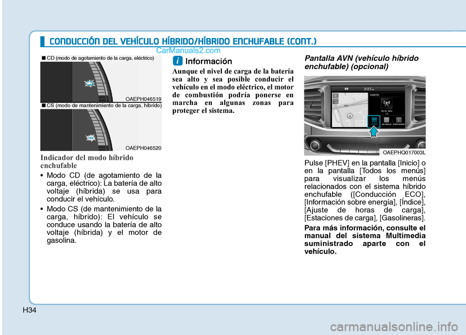 Hyundai Ioniq Hybrid 2017 Manual del propietario (in Spanish) H34
Indicador del modo híbrido
enchufable
Modo CD (de agotamiento de lacarga, eléctrico): La batería de alto
voltaje (híbrida) se usa para
conducir el vehículo.
Modo CS (de mantenimiento de l Hyundai Ioniq Hybrid 2017 Manual del propietario (in Spanish) H34
Indicador del modo híbrido
enchufable
Modo CD (de agotamiento de lacarga, eléctrico): La batería de alto
voltaje (híbrida) se usa para
conducir el vehículo.
Modo CS (de mantenimiento de l