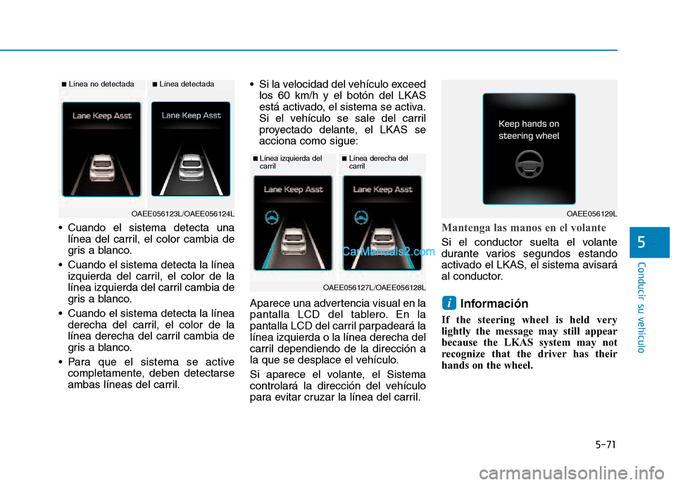Hyundai Ioniq Hybrid 2017 Manual del propietario (in Spanish) 5-71
Conducir su vehículo
5
Cuando el sistema detecta unalínea del carril, el color cambia de
gris a blanco.
Cuando el sistema detecta la línea izquierda del carril, el color de la
línea izquie Hyundai Ioniq Hybrid 2017 Manual del propietario (in Spanish) 5-71
Conducir su vehículo
5
Cuando el sistema detecta unalínea del carril, el color cambia de
gris a blanco.
Cuando el sistema detecta la línea izquierda del carril, el color de la
línea izquie