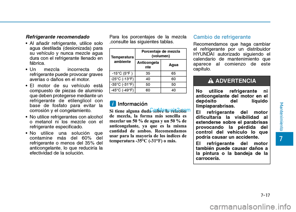 Hyundai Ioniq Hybrid 2017 Manual del propietario (in Spanish) 7-17
7
Mantenimiento
Refrigerante recomendado
Al añadir refrigerante, utilice soloagua destilada (desionizada) para
su vehículo y nunca mezcle agua
dura con el refrigerante llenado en
fábrica.
U Hyundai Ioniq Hybrid 2017 Manual del propietario (in Spanish) 7-17
7
Mantenimiento
Refrigerante recomendado
Al añadir refrigerante, utilice soloagua destilada (desionizada) para
su vehículo y nunca mezcle agua
dura con el refrigerante llenado en
fábrica.
U