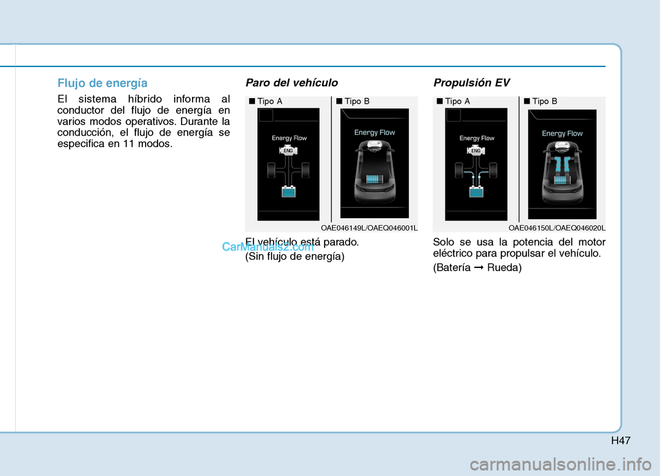 Hyundai Ioniq Hybrid 2017 Manual del propietario (in Spanish) H47
Flujo de energía
El sistema híbrido informa al conductor del flujo de energía en
varios modos operativos. Durante laconducción, el flujo de energía se
especifica en 11 modos.
Paro del vehíc Hyundai Ioniq Hybrid 2017 Manual del propietario (in Spanish) H47
Flujo de energía
El sistema híbrido informa al conductor del flujo de energía en
varios modos operativos. Durante laconducción, el flujo de energía se
especifica en 11 modos.
Paro del vehíc