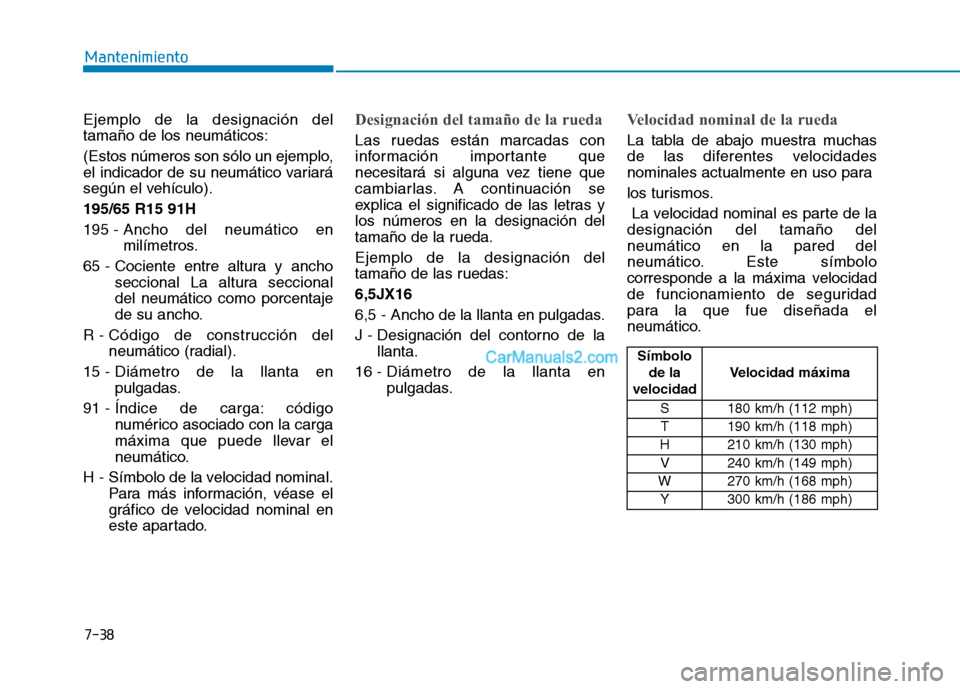 Hyundai Ioniq Hybrid 2017  Manual del propietario (in Spanish) 7-38
Mantenimiento
Ejemplo de la designación del tamaño de los neumáticos: 
(Estos números son sólo un ejemplo, 
el indicador de su neumático variará
según el vehículo). 195/65 R15 91H195 - A